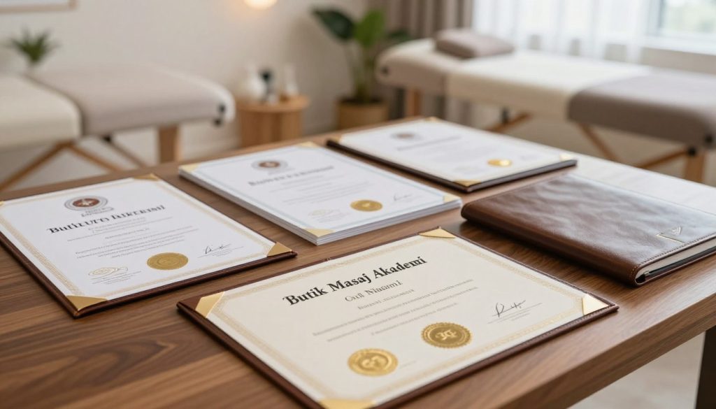 A beautifully organized workspace featuring a collection of massage therapy certification documents elegantly displayed on a mahogany desk. In the foreground, a close-up view of a gold-embossed certificate titled “Butik Masaj Akademi,” alongside official seals and signatures, signifying professionalism. The middle layer includes neatly arranged certificates and a stylish leather-bound certification folder. In the background, a softly blurred setting showcases a calming massage therapy room with neutral colors, plants, and soothing natural light filtering through a window, creating a tranquil atmosphere. The image should evoke a sense of accomplishment and professionalism, highlighting the importance of certification in massage therapy. The lighting is warm and inviting, with a focus on clarity and detail.