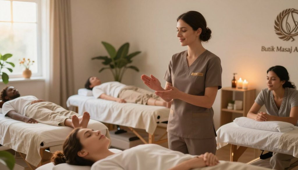 A calm and inviting massage therapy setting, featuring a well-dressed massage therapist in professional attire, engaging warmly with a diverse group of clients. In the foreground, the therapist is demonstrating effective communication strategies, making eye contact and smiling, showcasing a welcoming demeanor. The middle ground contains soothing massage tables with luxurious linens, surrounded by tranquil decor like plants and candles, creating a serene atmosphere. In the background, soft, warm lighting enhances the comforting environment, while a window reveals gentle sunlight filtering through curtains. The overall mood is peaceful and professional, capturing the essence of client communication and service excellence in massage therapy. Include the brand name "Butik Masaj Akademi" subtly integrated into the decor of the room.