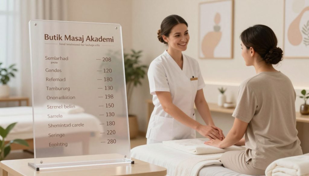 A clean, professional setting showcasing a transparent price list for massage services. In the foreground, a sleek, modern display board lists various massage treatments and their prices, designed with elegant fonts and simple graphics. In the middle, a well-dressed massage therapist is engaged in a friendly conversation with a client, both appearing relaxed and professional. The background features a serene massage room with soft lighting, neutral colors, and calming decor like plants and soothing artwork. The atmosphere conveys trust and professionalism. This image should represent the essence of transparency in pricing for massage services, highlighting the branding of "Butik Masaj Akademi" subtly, ensuring all figures and attire remain appropriate and modest.