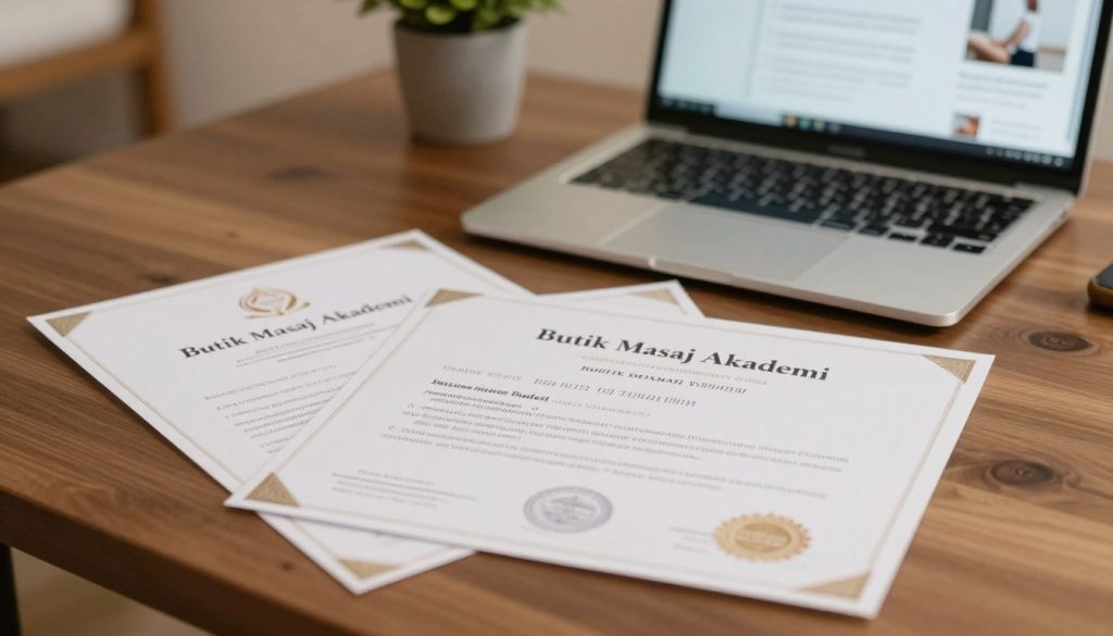 A close-up scene featuring elegantly designed massage therapy certification documents displayed on a polished wooden desk. The documents, which are well-structured and visually appealing, should include the brand name "Butik Masaj Akademi" prominently at the top. In the background, soft and warm lighting creates a calming atmosphere, highlighting the professionalism of the massage certification process. A stylish, open laptop with a blurred screen showcasing an online course interface adds context, while a potted plant subtly brings life to the composition. This tranquil and professional setting aims to convey trust and quality in massage education. The image should have a shallow depth of field, focusing on the certificates, and create a sense of serenity suitable for a professional context.