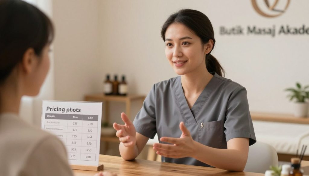 A close-up scene in a professional massage therapy studio setting. In the foreground, an experienced female massage therapist, dressed in a modest and professional uniform, is discussing pricing factors with a prospective client. Her expression is friendly and knowledgeable, conveying trust and expertise. In the middle, a well-organized pricing chart displaying different levels of experience and their corresponding rates is partially visible on a sleek wooden table. In the background, soft ambient lighting creates a calming atmosphere, with elements like essential oil bottles and soothing decor around the walls. The image is shot with a shallow depth of field to emphasize the interaction between the therapist and the client, capturing the essence of professionalism and clarity. The branding "Butik Masaj Akademi" is subtly incorporated into the walls, reflecting a reputable training environment.