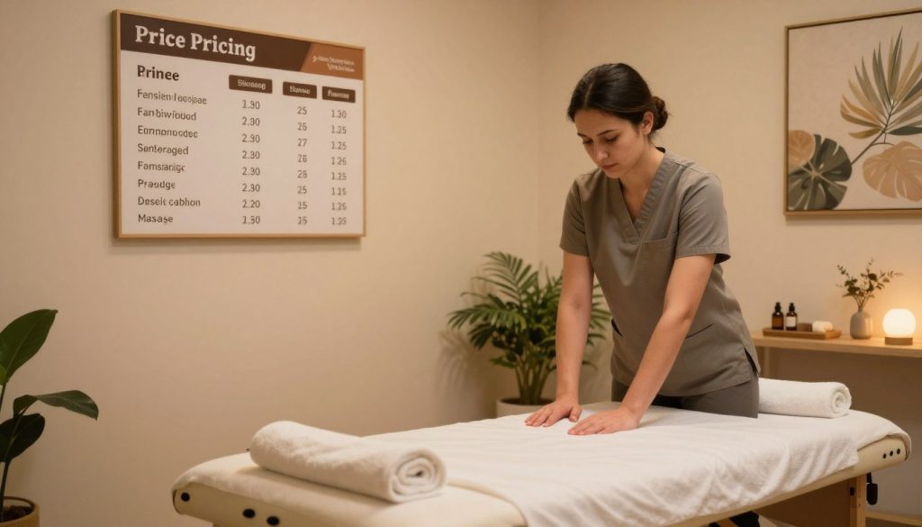 A cozy massage therapy studio setting, showcasing a professional massage therapist in a modest casual outfit, demonstrating a relaxed and focused atmosphere. In the foreground, a sleek massage table with essential oils and towels neatly arranged. The middle ground features a wall display of various pricing charts and duration options for different massage services, emphasizing the relationship between session duration and pricing. Soft, warm lighting illuminates the room, creating a calming ambiance. The background includes soothing artwork and plants to enhance the tranquility. The logo of "Butik Masaj Akademi" is subtly placed on a small sign on the wall, enhancing brand recognition without overpowering the image. The overall mood is serene and professional, inviting viewers to appreciate the value of time in massage therapy. A cozy massage therapy studio setting, showcasing a professional massage therapist in a modest casual outfit, demonstrating a relaxed and focused atmosphere. In the foreground, a sleek massage table with essential oils and towels neatly arranged. The middle ground features a wall display of various pricing charts and duration options for different massage services, emphasizing the relationship between session duration and pricing. Soft, warm lighting illuminates the room, creating a calming ambiance. The background includes soothing artwork and plants to enhance the tranquility. The logo of "Butik Masaj Akademi" is subtly placed on a small sign on the wall, enhancing brand recognition without overpowering the image. The overall mood is serene and professional, inviting viewers to appreciate the value of time in massage therapy.