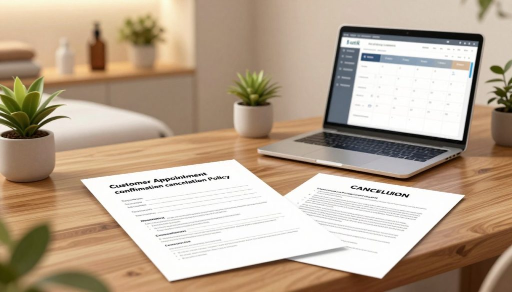 A detailed, visually engaging illustration of a "customer appointment confirmation form and cancellation policy" designed for a professional setting. In the foreground, prominently display a clean, organized appointment form with lines for customer details filled out, accompanied by a cancellation policy sheet that highlights key points. The middle ground features a sleek wooden desk, inviting yet professional, with a laptop open, showing a calendar application, and a few decorative plants for a touch of nature. In the background, soft-focus shelves display professionally arranged items related to massage therapy. The lighting is warm and inviting, creating a serene atmosphere that enhances the professionalism of the scene. Capture the essence of "Butik Masaj Akademi" in the design elements, ensuring a clean and polished look without any text or branding overtly visible.