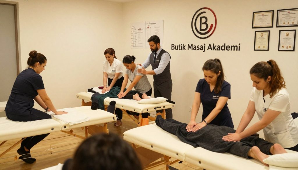 A modern, accredited massage school in Turkey, with a focus on professionalism and educational integrity. In the foreground, a diverse group of students in professional attire engages in a practical massage therapy class, using proper techniques on massage tables. In the middle ground, a knowledgeable instructor, dressed in business casual, demonstrates a technique to attentive students, showcasing focus and collaboration. The background features the school's logo, "Butik Masaj Akademi," subtly displayed on a wall, surrounded by educational charts and certificates of accreditation. Soft, warm lighting illuminates the scene, creating an inviting and inspiring atmosphere that emphasizes the importance of accredited training in massage therapy. Capture this moment from a slightly elevated angle to encompass both the students and the instructor, highlighting an environment of learning and professionalism.