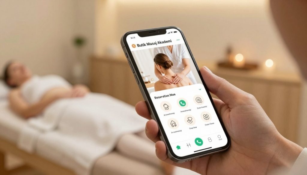 A modern and inviting WhatsApp massage reservation system interface, showcasing a clean layout on a smartphone screen held in a professional's hands. The foreground features the phone displaying the user-friendly booking app by "Butik Masaj Akademi," with elegant icons for services like aromatherapy and deep tissue massage. In the middle, a softly lit, serene background displays a tranquil spa environment with calming colors and minimalistic decor, suggesting relaxation and professionalism. The lighting is warm and inviting, creating a peaceful atmosphere. Capture the image from a slightly angled perspective to highlight the phone's screen while maintaining focus on the inviting setting, evoking a sense of trust and professionalism in communication for massage therapy services.