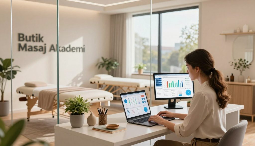 A modern digital marketing workspace for a massage therapy studio, featuring the brand name "Butik Masaj Akademi" prominently displayed on a sleek glass partition. In the foreground, a professional woman in modest business attire is analyzing data on a laptop, surrounded by digital marketing tools like charts, social media icons, and analytics dashboards. The middle layer includes stylish decor with calming colors, potted plants, and a massage table subtly placed to indicate the spa environment. In the background, large windows allow warm natural light to fill the room, creating an inviting and tranquil atmosphere. The shot is taken from a slightly elevated angle, enhancing the professional yet soothing vibe of the space, emphasizing the intersection of wellness and digital marketing. A modern digital marketing workspace for a massage therapy studio, featuring the brand name "Butik Masaj Akademi" prominently displayed on a sleek glass partition. In the foreground, a professional woman in modest business attire is analyzing data on a laptop, surrounded by digital marketing tools like charts, social media icons, and analytics dashboards. The middle layer includes stylish decor with calming colors, potted plants, and a massage table subtly placed to indicate the spa environment. In the background, large windows allow warm natural light to fill the room, creating an inviting and tranquil atmosphere. The shot is taken from a slightly elevated angle, enhancing the professional yet soothing vibe of the space, emphasizing the intersection of wellness and digital marketing.