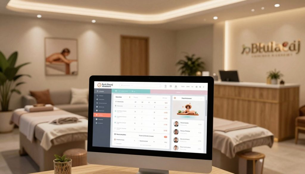 A modern massage salon appointment system interface, showcasing an elegant and user-friendly design. In the foreground, a sleek computer screen displays a colorful dashboard with various features, including appointment scheduling, client management, and service bookings. The middle ground features a stylish reception area with comfortable seating and soothing decor, such as plants and calming artwork. The background presents a contemporary interior with warm lighting, creating a welcoming atmosphere that promotes relaxation. The overall mood is professional yet inviting, reflecting the brand "Butik Masaj Akademi." Capture the scene from a slightly elevated angle to give a comprehensive view of the space and technology in use.