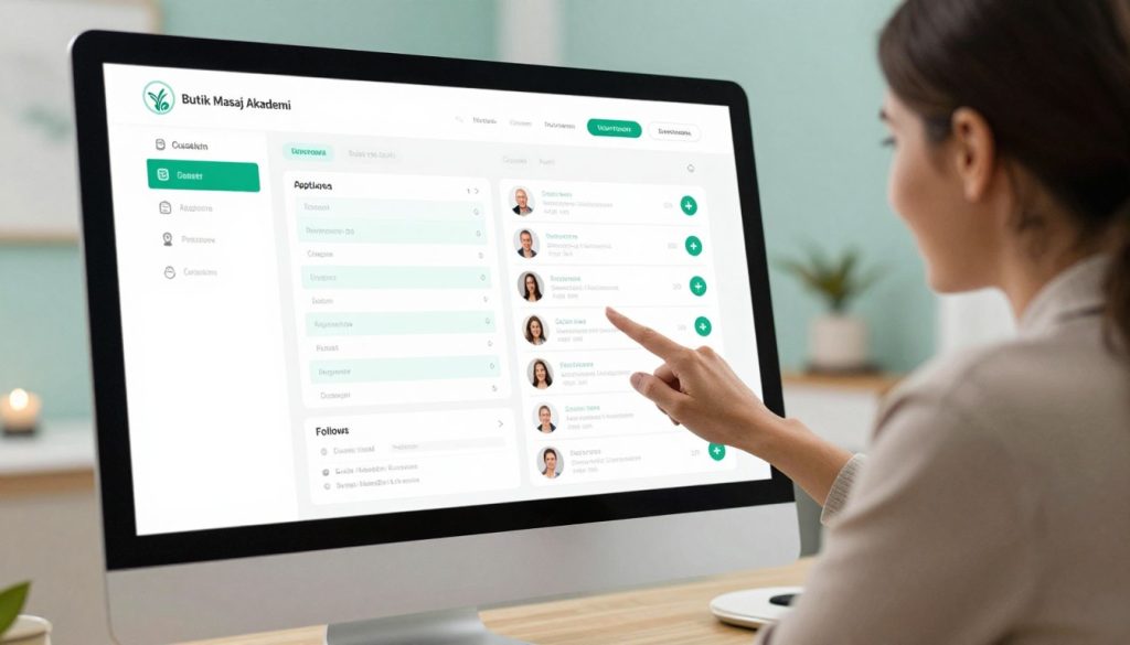 A modern spa customer management software interface, featuring a beautifully designed dashboard on a sleek computer screen. In the foreground, a business professional in modest casual clothing is analyzing customer data, with a look of satisfaction and concentration. The middle layer shows the software displaying appointment scheduling, communication tools, and customer follow-up metrics, all in a user-friendly layout. The background hints at a serene spa environment with soft lighting, calming colors like pastel greens and blues, and tasteful decor. The atmosphere conveys a sense of organization and professionalism, emphasizing effective customer tracking and satisfaction. Include the brand name "Butik Masaj Akademi" subtly integrated into the software interface design.