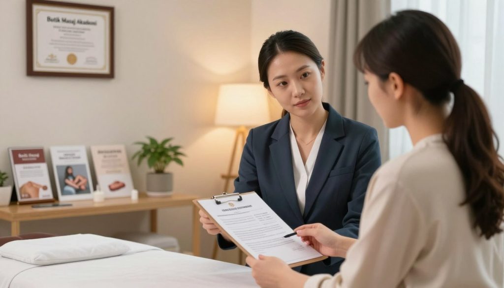 A professional and informative scene depicting a consultation room for massage therapy, showcasing the concept of legal and ethical boundaries. In the foreground, a well-dressed massage therapist, a woman in business attire, is discussing a printed document with a client, both appearing engaged and professional. The middle ground features a neatly arranged desk with massage therapy brochures, a plant, and a framed diploma on the wall displaying the brand name "Butik Masaj Akademi." The background is softly blurred to depict a serene massage therapy environment, with calming colors and soft lighting emanating from a warm lamp. The atmosphere is professional and respectful, emphasizing an ethical approach to massage therapy services. The image should be well-lit, showcasing a warm, inviting space, captured from a slightly angled perspective for depth.
