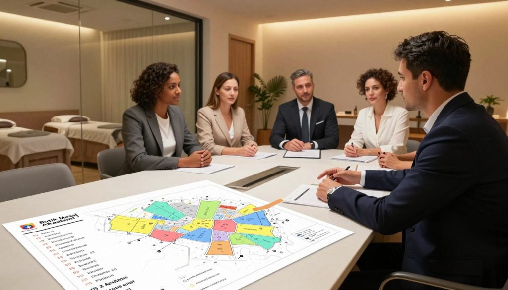 A professional and inviting interior scene of a massage center analysis. In the foreground, a modern conference table with charts and graphs illustrating pricing strategies and location analysis spread out. In the middle ground, a group of diverse professionals in business attire, engaged in a discussion about the impact of location on massage pricing, with one pointing at a map showcasing different neighborhoods. In the background, glimpses of a stylish massage center with soothing colors, comfortable massage rooms visible through glass panels, and serene decor. Warm, ambient lighting creates a calm atmosphere. The brand name "Butik Masaj Akademi" is subtly integrated into a report on the table, without any text overlays.