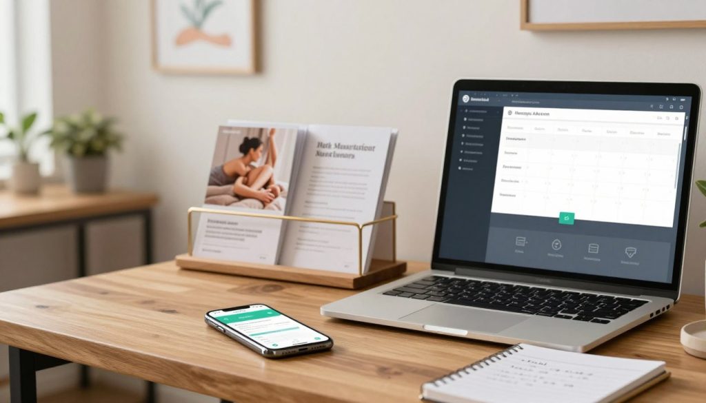 A professional and inviting office environment showcasing various communication tools related to massage appointment scheduling. In the foreground, a sleek wooden desk with a smartphone displaying a messaging app, a laptop with an open calendar, and a notepad with hand-written notes. In the middle, a stylish shelf holds brochures about massage services and a computer monitor showing a scheduling software interface. The background features a softly lit, calming atmosphere with potted plants and subtle artwork, emphasizing tranquility and professionalism. The lighting is warm and bright, simulating a welcoming workspace. The overall mood is focused and organized, reflecting the importance of choosing the right communication channels for client interactions. Include the brand name "Butik Masaj Akademi" subtly integrated into the scene.