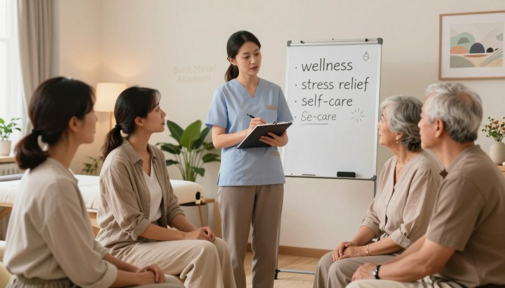 A professional and serene setting for a massage therapist focusing on target audience identification. In the foreground, a diverse group of individuals (a middle-aged woman, a young man, and a senior couple) are engaged in a discussion, dressed in smart casual clothing, showcasing openness and interest. In the middle ground, a massage therapist with an approachable demeanor, wearing professional attire, observes and takes notes on a whiteboard filled with keywords like "wellness," "stress relief," and "self-care." The background features a calming massage studio with soft lighting, plants, and subtle artwork, creating an inviting atmosphere. A gentle warmth and focus on connection and consultation permeate the scene. The branding "Butik Masaj Akademi" subtly blends into the studio's decor, emphasizing professionalism and expertise.