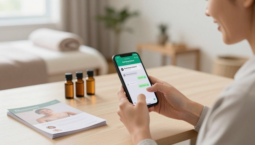 A professional and serene setting showcasing a digital interaction on a smartphone. In the foreground, a person in business casual attire, a friendly smile, holding a phone displaying a WhatsApp chat interface with the number for "Butik Masaj Akademi" clearly visible. The middle ground features a neatly arranged desk with wellness brochures, essential oils, and soft lighting that creates a calming atmosphere. In the background, a softly lit room with minimalist decor related to massage therapy, enhancing a sense of professionalism. The overall mood is inviting and warm, conveying effective communication and connection in a wellness context. The lighting is soft and natural, mimicking sunlight filtering through a window, enhancing the peaceful vibe. A professional and serene setting showcasing a digital interaction on a smartphone. In the foreground, a person in business casual attire, a friendly smile, holding a phone displaying a WhatsApp chat interface with the number for "Butik Masaj Akademi" clearly visible. The middle ground features a neatly arranged desk with wellness brochures, essential oils, and soft lighting that creates a calming atmosphere. In the background, a softly lit room with minimalist decor related to massage therapy, enhancing a sense of professionalism. The overall mood is inviting and warm, conveying effective communication and connection in a wellness context. The lighting is soft and natural, mimicking sunlight filtering through a window, enhancing the peaceful vibe.