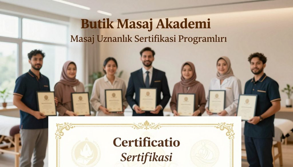 A professional and visually appealing certificate design for "Butik Masaj Akademi," showcasing "Masaj Uzmanlık Sertifikası Programları." In the foreground, depict a beautifully designed certificate featuring ornate borders, elegant typography, and a subtle watermark of a massage therapy motif. The middle ground should include well-dressed individuals, a diverse group of professional massage therapists in business attire, looking proud as they hold their certificates, exuding confidence and professionalism. The background should have a soft-focus image of a serene massage therapy studio, with calming colors and natural light filtering in through large windows. The atmosphere should convey a sense of achievement, education, and professionalism, creating an inviting and inspiring setting.