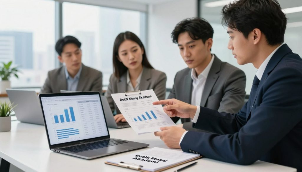 A professional business setting depicting a competitive analysis of massage therapy pricing. In the foreground, showcase a sleek, modern desk with a laptop displaying graphs and data charts related to massage therapy prices. Include a notepad with the name "Butik Masaj Akademi" prominently written. In the middle ground, illustrate a diverse group of three people in professional business attire, engaged in a discussion, pointing at the graphs with expressions of analysis and collaboration. The background features a bright, well-lit office with large windows revealing a city skyline, creating an atmosphere of professionalism and insight. Focus on soft, natural lighting with a slight depth of field, emphasizing the human elements while keeping the detailed charts clear and legible. Aim for a mood of professionalism, focus, and teamwork.