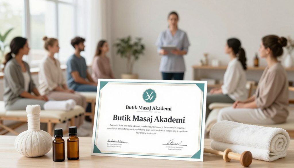 A professional certificate for massage therapy education, prominently displayed in the foreground, showcasing a modern, elegant design with the brand name "Butik Masaj Akademi" featured prominently. Surrounding the certificate are diverse massage therapy tools, like essential oils and towels, symbolizing the training environment. In the middle ground, a well-lit classroom setting with a professional instructor guiding a group of attentive students dressed in business casual attire, highlighting a sense of learning and collaboration. The background features a calming atmosphere with soft colors and minimalistic decor, suggesting tranquility and focus. Soft natural lighting filters through large windows, creating an inviting and inspiring mood, perfect for the importance of certifications in massage education.