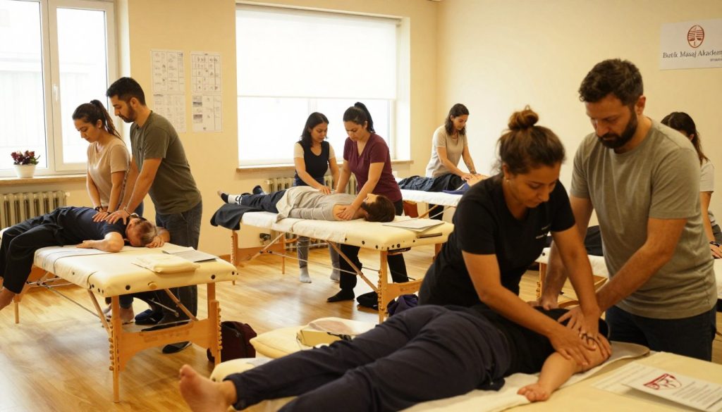 A professional classroom setting showcasing a massage training program in Istanbul, with a diverse group of individuals in modest casual clothing engaged in a hands-on massage technique workshop. In the foreground, a male and female instructor demonstrate techniques on massage tables, showcasing specific movements. The middle section features students practicing on each other with focused expressions, surrounded by instructional materials like charts and manuals. The background includes large windows letting in warm, natural light, creating an inviting and calming atmosphere. Soft lighting enhances the professionalism of the space. At the corner, a sign reads "Butik Masaj Akademi" subtly, indicating the institution without detracting from the scene. The mood is supportive and educational, reflecting a serious yet friendly learning environment.