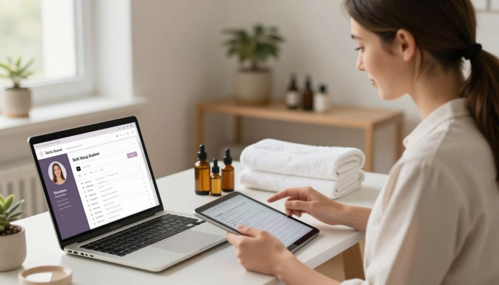 A professional female massage therapist at her neatly arranged workspace, showcasing a well-organized profile creation setting. In the foreground, a laptop displays a user-friendly interface with profile creation tools. The middle ground features her reviewing therapeutic oils and towels, emphasizing professionalism. The therapist, dressed in modest casual attire, exudes a warm, welcoming demeanor while engaging with a digital tablet. The background includes soft-focus elements like soothing decor and natural light streaming through a window, creating a calm atmosphere. The overall image evokes a sense of trust and expertise, capturing the essence of a professional profile associated with "Butik Masaj Akademi." Use soft lighting to enhance the mood, and a slight angle that conveys a dynamic, engaging workspace. A professional female massage therapist at her neatly arranged workspace, showcasing a well-organized profile creation setting. In the foreground, a laptop displays a user-friendly interface with profile creation tools. The middle ground features her reviewing therapeutic oils and towels, emphasizing professionalism. The therapist, dressed in modest casual attire, exudes a warm, welcoming demeanor while engaging with a digital tablet. The background includes soft-focus elements like soothing decor and natural light streaming through a window, creating a calm atmosphere. The overall image evokes a sense of trust and expertise, capturing the essence of a professional profile associated with "Butik Masaj Akademi." Use soft lighting to enhance the mood, and a slight angle that conveys a dynamic, engaging workspace.