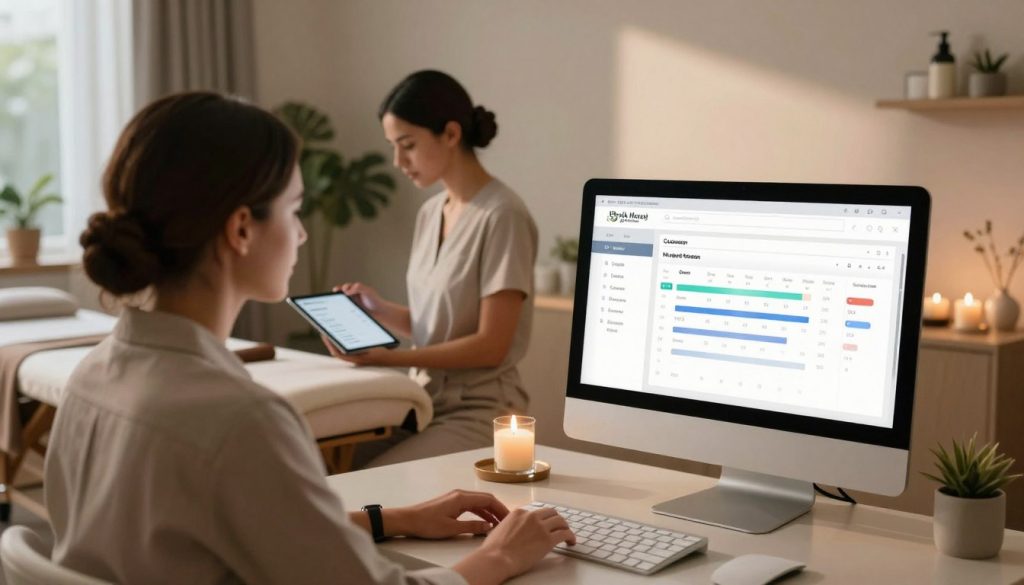 A professional-focused scene inside a massage therapy clinic featuring a well-organized Customer Relationship Management (CRM) system at work. In the foreground, an elegantly designed desktop computer displays a user-friendly CRM interface with client management tools, graphs, and appointment scheduling. In the middle ground, a massage therapist, dressed in smart casual attire, is interacting with a client, reviewing their records on a tablet. The background shows a serene therapy room with soft, calming colors, plush massage beds, and soothing decor elements like candles and plants, contributing to a tranquil atmosphere. Soft, warm lighting casts gentle shadows, enhancing the inviting ambiance. The brand name "Butik Masaj Akademi" is subtly integrated into the decor, reinforcing professionalism and comfort.