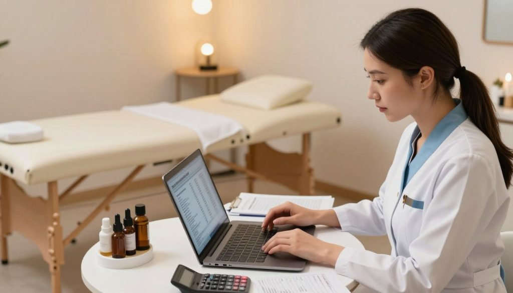 A professional indoor setting representing the concept of "massage session cost calculation." In the foreground, a focused female consultant in professional attire is analyzing data on a laptop, surrounded by documents and a calculator. In the middle, a well-organized workspace features a massage table and various oils, hinting at services offered by "Butik Masaj Akademi." The background showcases a soothing ambiance with soft lighting that emanates from overhead fixtures, creating a calm and inviting atmosphere. The scene is shot from a slightly elevated angle, emphasizing the proactive approach to cost evaluation. The overall mood is one of professionalism, clarity, and dedication to accurate pricing in the massage therapy field.