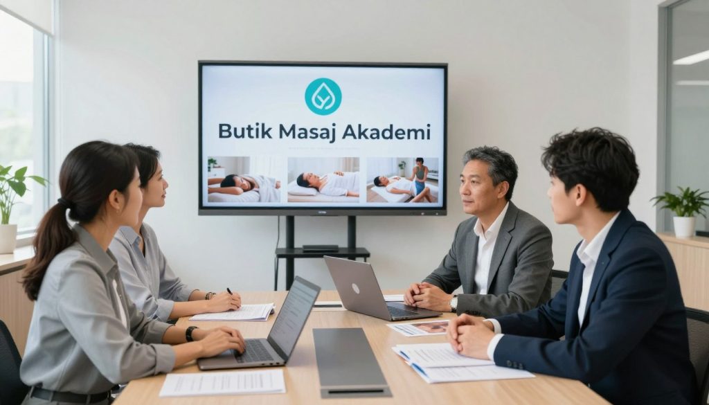 A professional learning environment showcasing a massage certification program selection. In the foreground, a diverse group of three individuals, dressed in smart business attire, discuss their choices for massage training institutions. They are seated around a modern conference table, with laptops and brochures spread out before them. In the middle ground, a large screen displays the logo "Butik Masaj Akademi" along with images of serene massage therapy settings. The background features a bright, well-designed classroom with soft natural light filtering through large windows. The atmosphere is focused and collaborative, emphasizing professionalism and the importance of making informed decisions in education. The image is captured from a slightly elevated angle to provide depth and perspective.