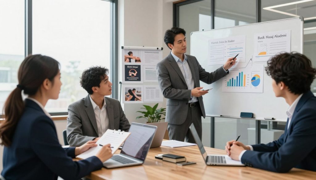 A professional marketing strategy meeting for a massage therapy business, featuring a diverse team of four individuals in business attire. In the foreground, a woman with a notepad and laptop discussing strategies, while a man presents a marketing plan on a whiteboard. In the middle ground, charts and graphs are visible, showcasing client retention statistics and advertisements for "Butik Masaj Akademi." The background depicts a modern office environment with large windows letting in natural light, creating a warm and inviting atmosphere. The mood is focused and collaborative, emphasizing the importance of effective marketing in reducing client loss. The scene is captured with a wide-angle lens, highlighting the teamwork and creativity involved in these marketing strategies.