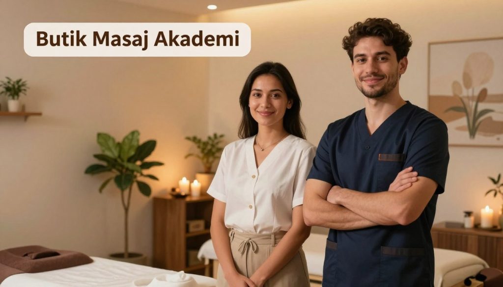 A professional massage salon personnel introduction scene featuring two massage therapists from "Butik Masaj Akademi." In the foreground, the therapists, a male and a female, are dressed in stylish, modest professional attire, standing confidently and smiling. The middle section showcases a cozy massage room with soft lighting and calming decor, including plants and candles that create a serene atmosphere. In the background, a subtle glimpse of massage tables and soothing art enhances the professional environment. The lighting is warm and inviting, with a focus on creating a tranquil mood. The angle captures the therapists at a slight diagonal, emphasizing their friendly demeanor and professionalism, perfect for an article discussing the balance of sincerity and professionalism in profile descriptions.