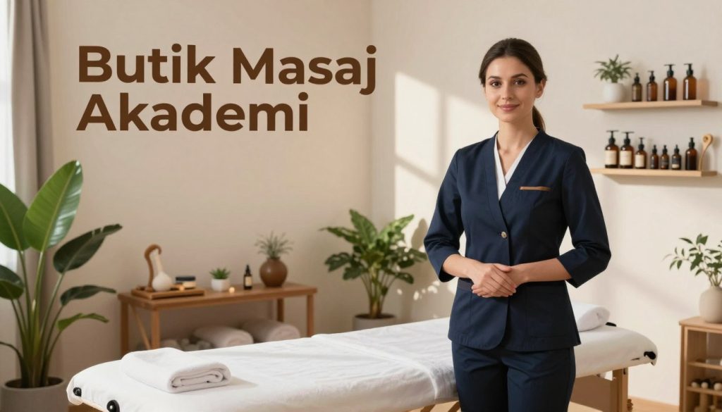 A professional massage therapist advertisement for "Butik Masaj Akademi". In the foreground, a confident therapist in smart business attire stands beside a massage table, demonstrating a welcoming posture. In the middle, a serene treatment room adorned with soothing colors, plants, and soft lighting creates a peaceful atmosphere. The background features calming artwork and a neatly arranged shelf with massage oils and tools, reflecting professionalism. Soft, natural light filters through a window, casting gentle shadows and enhancing the tranquil mood. The composition is balanced, focusing on the therapist's friendly demeanor and the professional environment. The image conveys a sense of trust, skill, and serene professionalism essential for attracting clients.