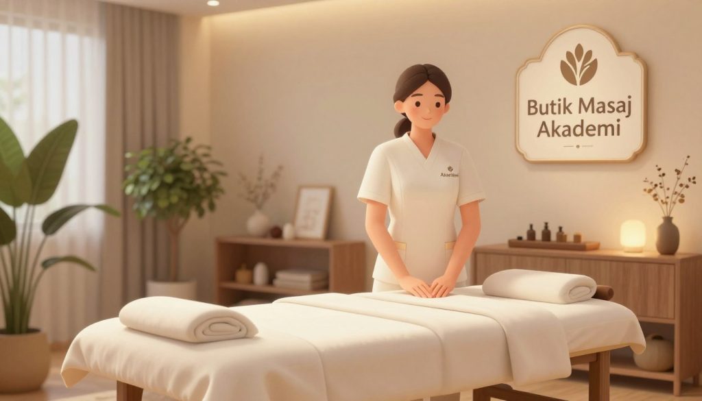 A professional massage therapist advertisement illustration featuring a refined, spacious wellness studio. In the foreground, a refined massage table with plush linens, lit with soft, warm lighting. A skilled therapist, dressed in neat business attire, stands in a welcoming posture, showcasing a certification prominently displayed on the wall behind them. The middle ground reflects an inviting atmosphere with plants, calming decor, and soft textures that convey relaxation. The background portrays a serene ambiance with gentle lighting, creating an overall mood of professionalism and tranquility. Include the brand name "Butik Masaj Akademi" subtly incorporated into the design elements without any text overlays. Capture the essence of a harmonious space where qualified professionals are ready to provide therapeutic services.