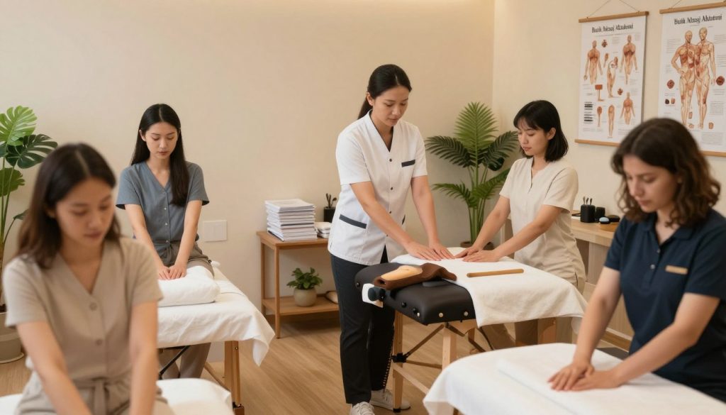 A professional massage therapist certification process at Butik Masaj Akademi, depicted in a well-lit, serene training environment. In the foreground, a diverse group of students with focused expressions, dressed in smart business attire and modest casual clothing, are engaged in a hands-on massage practice. In the middle, an experienced instructor demonstrates techniques, surrounded by various training materials like manuals and anatomical charts. The background features a calming, minimalist spa-like room with soft colors, plants, and massage equipment. The lighting is warm and inviting, enhancing the atmosphere of learning and professionalism. The scene captures the essence of an educational journey in becoming a certified massage therapist.