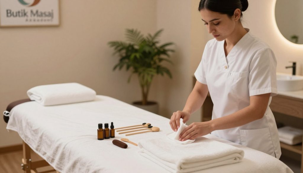 A professional massage therapist demonstrating hygiene standards in a serene therapy room. In the foreground, a well-dressed therapist, wearing a clean white uniform, sanitizes massage equipment with wipes. The middle ground features a neatly arranged massage table with fresh linens, soothing essential oils, and neatly organized tools, emphasizing cleanliness. The background showcases soft, calming hues on the walls, with plants adding a touch of nature, and soft, ambient lighting creating a tranquil atmosphere. The scene conveys a sense of professionalism and care, suitable for a wellness environment. Include the branding "Butik Masaj Akademi" subtly integrated into the decor. The lens focuses on the therapist's actions, emphasizing hygiene and safety standards in massage practice.