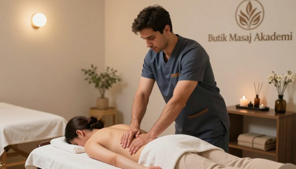 A professional massage therapist demonstrating physical endurance, showcasing their strength and flexibility. In the foreground, a male therapist with an athletic build performs a massage on a client lying on a massage table, both dressed in modest, professional attire. The middle ground features a serene, well-lit massage room adorned with soft linens, calming decor, and aromatherapy elements, creating a tranquil atmosphere. The background displays gentle lighting from overhead fixtures, casting warm tones that suggest a peaceful and inviting environment. The overall mood is focused and dedicated, embodying the core qualities needed for a successful massage therapist. Logo of "Butik Masaj Akademi" subtly appears on the wall, reinforcing the theme of professional development in this field.