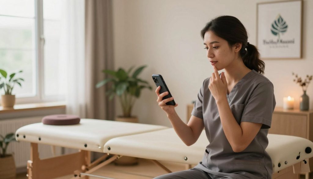 A professional massage therapist engaged in animated conversation via a smartphone, surrounded by a serene office environment. In the foreground, the therapist, dressed in a neat, professional outfit, holds a phone while showcasing a thoughtful expression. The middle layer includes a massage table and elegant decor, such as calming plants and art that reflects wellness. The background features soft, natural lighting filtering through large windows, creating a warm, inviting atmosphere. The setting exudes a sense of professionalism and serenity, highlighting common mistakes in initial client communications. The logo "Butik Masaj Akademi" subtly displayed within this context, reinforcing the theme of effective communication in massage therapy.