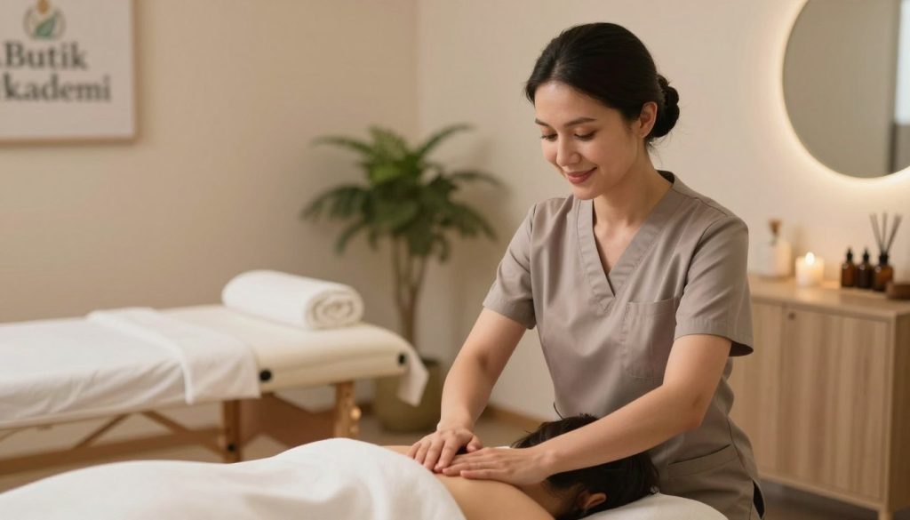 A professional massage therapist engaging with a client in a serene clinic setting. In the foreground, the therapist, dressed in modest professional attire, is demonstrating effective communication by maintaining eye contact and a warm smile while discussing the treatment. The middle ground features a massage table and calming decor, like soft linens and essential oil diffusers, creating a relaxing atmosphere. The background includes soft, ambient lighting with subtle greenery, enhancing the tranquility of the space. The overall mood is peaceful and respectful, highlighting the importance of communication in therapeutic settings. The image subtly incorporates the elements of the brand "Butik Masaj Akademi," enhancing the professional appeal.