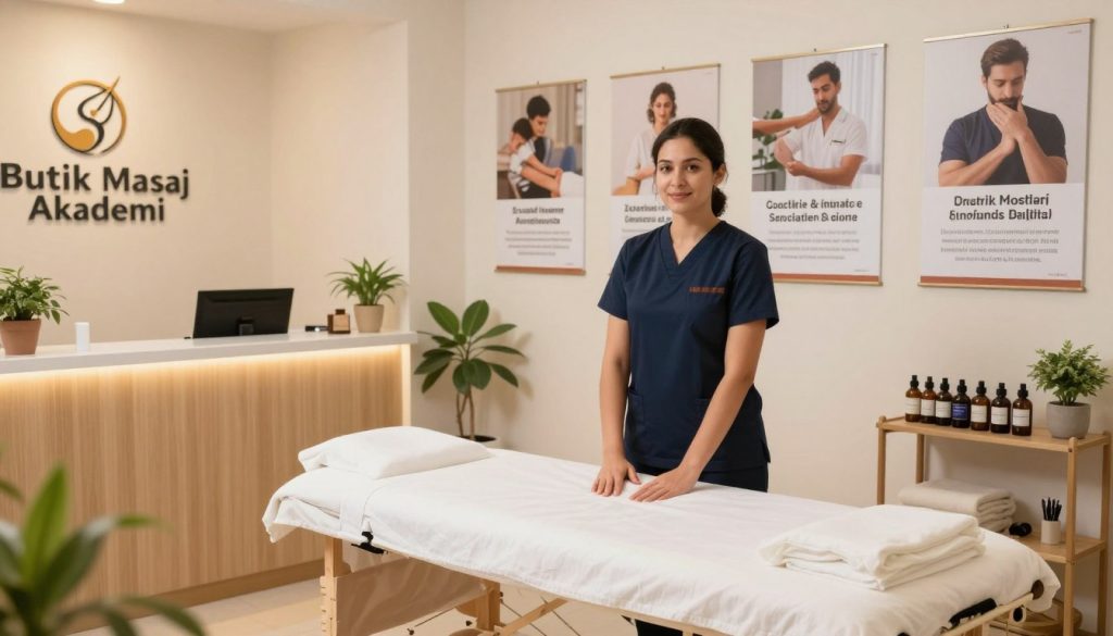 A professional massage therapist in a bright, airy clinic setting, showcasing a variety of career opportunities. The therapist, dressed in smart casual attire, stands confidently next to a massage bed adorned with fresh linens, a selection of essential oils displayed on a nearby shelf. In the foreground, a welcoming reception area with soft lighting and potted plants enhances the relaxation atmosphere. In the background, posters featuring diverse massage techniques and client testimonials, representing education and community engagement in the field. The lighting is warm and inviting, reinforcing a sense of tranquility and professionalism. The overall mood is inspiring and encouraging, aiming to attract potential students to "Butik Masaj Akademi."