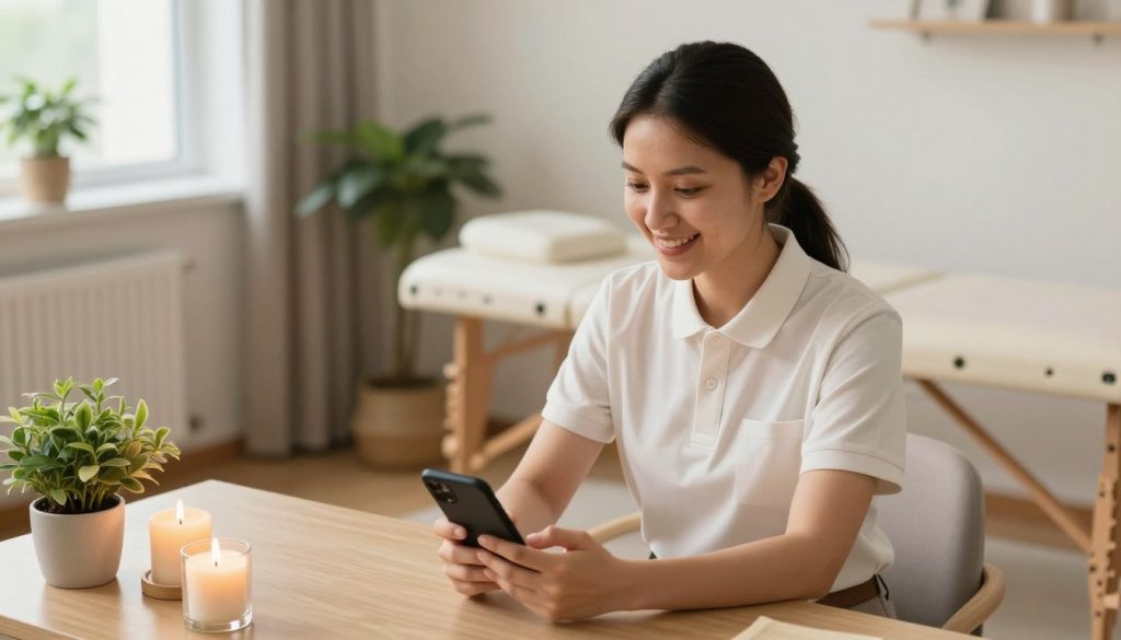 A professional massage therapist in a cozy, well-lit office, seated at a desk with a smartphone in hand, surrounded by relaxing decor such as candles and plants. The therapist, wearing a neatly pressed polo shirt and trousers, displays a warm and welcoming smile. In the background, a massage table can be glimpsed, emphasizing the therapeutic atmosphere. Soft, natural light spills in through a window, creating a calming ambiance. The angle is slightly elevated, capturing the therapist engaged in thoughtful communication, embodying the right style for effective WhatsApp communication. The overall mood should be inviting and professional, reflecting the essence of “Butik Masaj Akademi”.