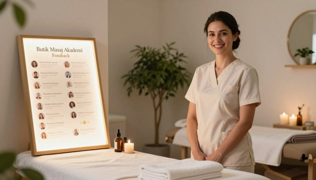 A professional massage therapist in a serene spa environment, dressed in a smart, modest casual outfit, is standing confidently with a warm and inviting smile. The setting includes soft, natural lighting that enhances the peaceful atmosphere with gentle shadows. In the foreground, a glowing client feedback board filled with short, positive reviews is elegantly displayed, showcasing customer comments about their experiences. The middle section features tranquil elements like soothing essential oils and elegantly arranged towels. In the background, soft greenery and calming decor create a relaxing ambiance. The scene embodies trust and professionalism, ideal for "Butik Masaj Akademi." Use a wide-angle lens to capture the entire setting, ensuring a welcoming and hopeful mood throughout the image.