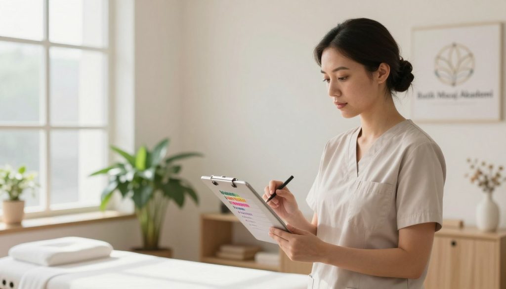 A professional massage therapist in a serene spa environment, focused on discussing key strategies for crafting an effective profile. The therapist, dressed in modest professional attire, stands confidently with a clipboard or tablet, analyzing a list of essential keywords emphasized in vibrant colors. In the background, calming elements like soft lighting, soothing plants, and minimalist decor create a tranquil atmosphere. The scene is bathed in natural light streaming through large windows, highlighting the therapist's engaged expression. The composition captures a balance of professionalism and approachability, conveying the importance of effective keyword usage in profiles. The brand name "Butik Masaj Akademi" subtly included in the background decor.