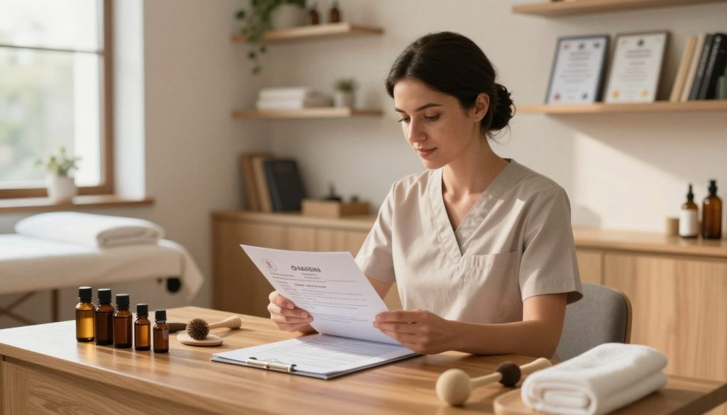 A professional massage therapist in a serene, well-appointed massage studio, surrounded by soft lighting and calming decor, creating a tranquil atmosphere. The therapist, a woman in modest professional attire, is attentively reviewing a detailed massage resume on a sleek wooden desk filled with essential oils and massage tools. In the background, shelves display neatly arranged certificates and books on massage techniques, highlighting expertise and professionalism. The focus is on the therapist’s engaged expression, capturing the importance of providing accurate information in a compelling and intuitive way. Warm sunlight filters through a nearby window, enhancing the peaceful ambiance, suggesting growth and aspiration. The scene conveys a sense of trust and professionalism associated with "Butik Masaj Akademi".