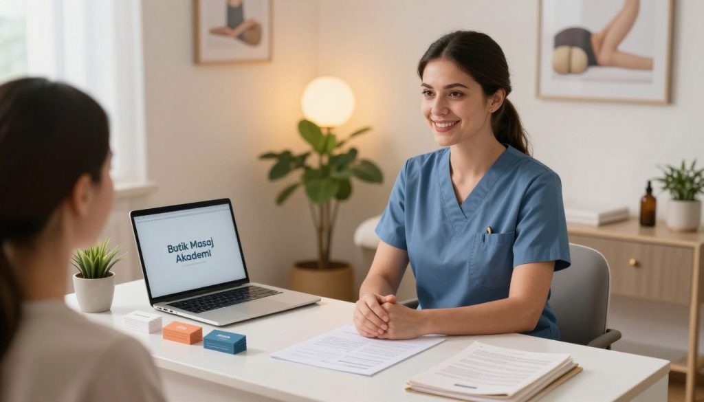 A professional massage therapist in a well-lit, modern office setting, showcasing their expertise and brand identity. In the foreground, a confident therapist wearing professional attire, engaging in a consultation with a client. In the middle, a sleek desk with business cards, brochures, and a laptop displaying the brand "Butik Masaj Akademi." In the background, soft ambient lighting highlights a serene environment with calming decor, plants, and massage-related artwork. The atmosphere is warm and inviting, conveying professionalism and trust. The camera angle is slightly elevated, focusing on the interaction while capturing the details of the workspace. The overall mood is friendly and welcoming, emphasizing strong professional collaborations. A professional massage therapist in a well-lit, modern office setting, showcasing their expertise and brand identity. In the foreground, a confident therapist wearing professional attire, engaging in a consultation with a client. In the middle, a sleek desk with business cards, brochures, and a laptop displaying the brand "Butik Masaj Akademi." In the background, soft ambient lighting highlights a serene environment with calming decor, plants, and massage-related artwork. The atmosphere is warm and inviting, conveying professionalism and trust. The camera angle is slightly elevated, focusing on the interaction while capturing the details of the workspace. The overall mood is friendly and welcoming, emphasizing strong professional collaborations.