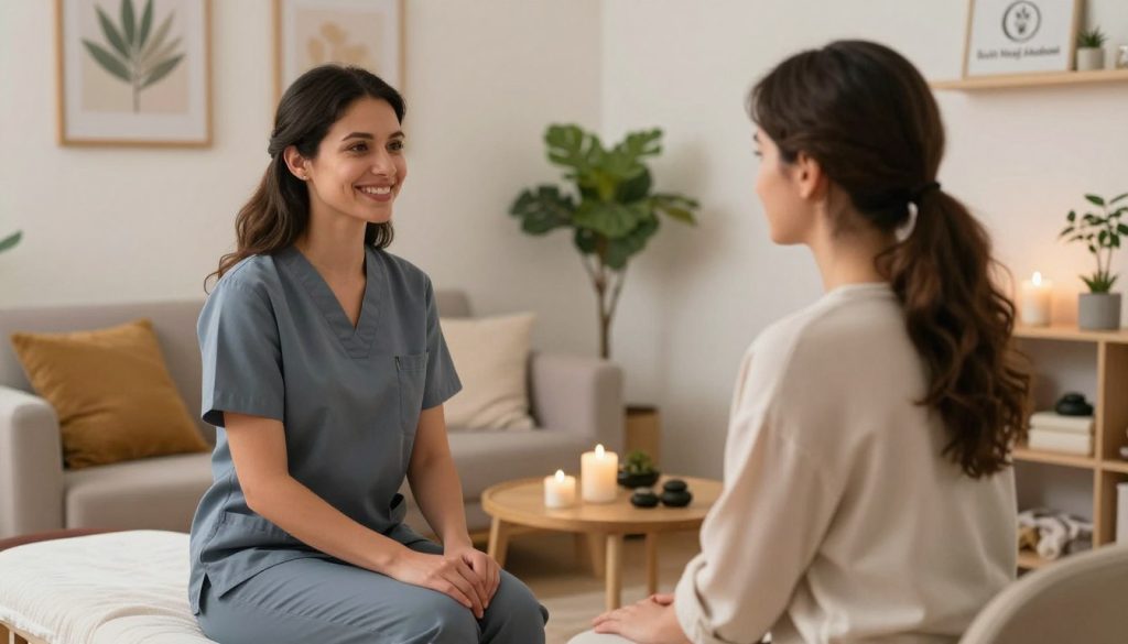 A professional massage therapist meeting a client for the first time, both dressed in smart casual attire, seated comfortably in a well-lit massage studio. The foreground features the therapist, a woman with a warm smile, exuding confidence and approachability, as she makes eye contact with the client. In the middle ground, a cozy consultation area with soft furnishings, calming colors, and a soothing atmosphere, including plants and framed art on the walls. The background showcases calming zen elements like candles and soft lighting, enhancing the tranquility of the setting. Warm, natural lighting creates an inviting feel, while a shallow depth of field emphasizes the interpersonal connection. The logo of "Butik Masaj Akademi" subtly displayed on a shelf in the background, reinforcing the professional context. The mood is friendly and reassuring, ideal for building trust in client communication strategies.