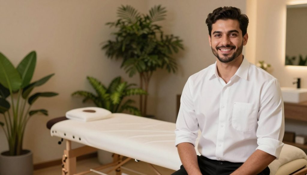 A professional massage therapist portrait for "Butik Masaj Akademi", capturing the essence of expertise and calmness. The foreground features a well-groomed male therapist dressed in a smart, white collared shirt and black pants, showcasing a welcoming smile. In the middle ground, lush, green plants and soft, natural elements create a relaxing atmosphere, while a neatly arranged massage table can be seen. The background includes a softly lit room with warm-toned walls and gentle ambient lighting to evoke a sense of tranquility. The camera angle is slightly above eye level, focusing on the therapist's confident demeanor. The mood is inviting and professional, emphasizing the importance of choosing a qualified therapist.