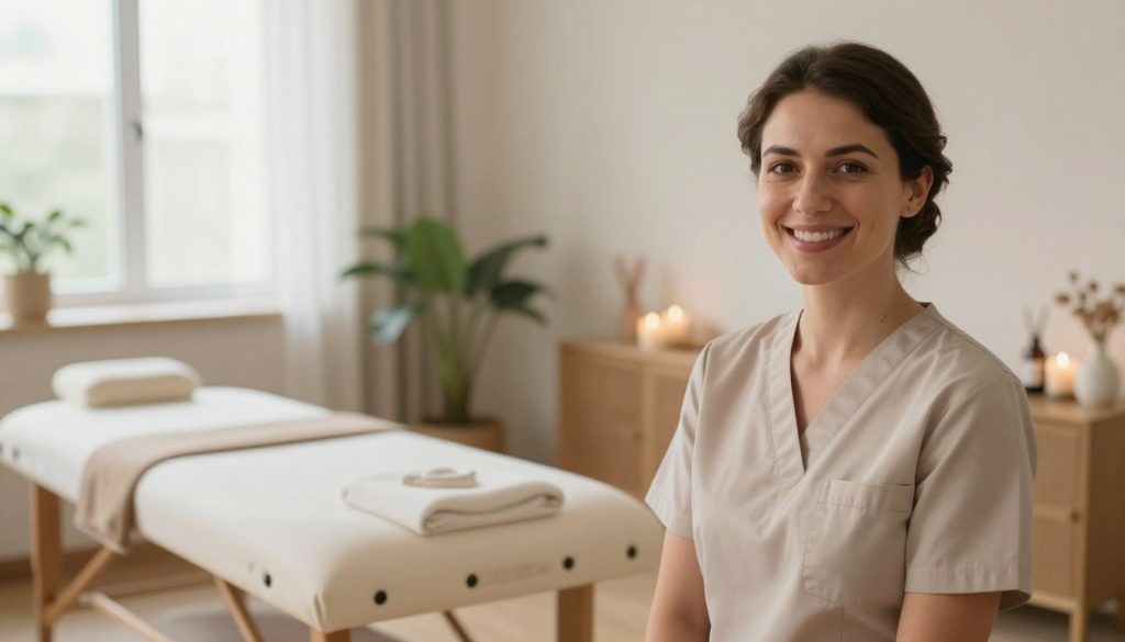 A professional massage therapist profile image that reflects personal branding. The foreground features a smiling female therapist in a tasteful, modest business attire, with a warm and inviting expression. The middle ground shows a serene massage room, adorned with soft, muted colors, plush massage table, and calming decor like plants and candles. The background is softly blurred to emphasize the therapist, with natural light streaming in through a window, creating a tranquil atmosphere. Capture the scene with a slightly upward angle to convey professionalism and approachability. The overall mood is calm and inviting, embodying the essence of "Butik Masaj Akademi."
