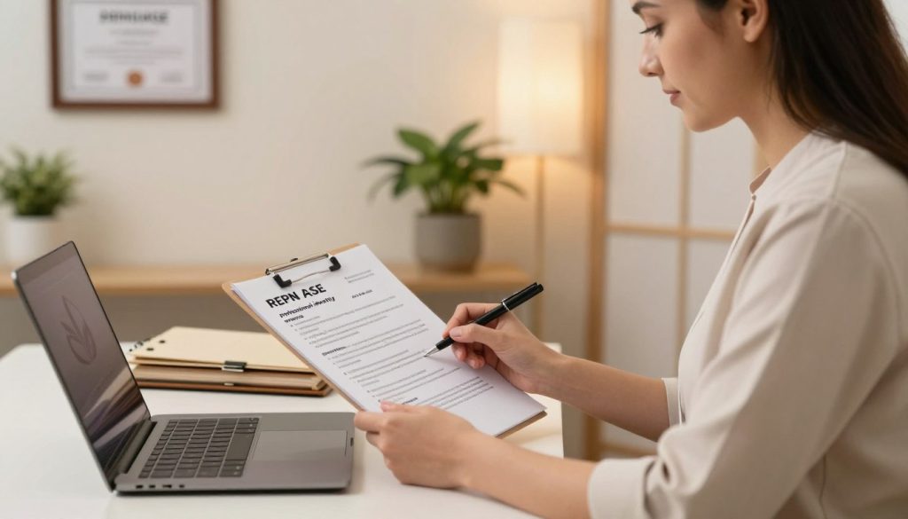 A professional massage therapist seated at a desk, preparing a detailed resume, showcasing their skills and experience. The therapist is wearing smart casual attire, reflecting professionalism. The foreground features the therapist focused on a laptop, with a notepad filled with keywords like "professional identity," "experience," and "skills" visible. The middle section shows a well-organized space, with a potted plant and a certificate hanging on the wall, highlighting qualifications. The background has soft, warm lighting that creates a welcoming atmosphere, hinting at a serene massage therapy environment. A subtle logo for "Butik Masaj Akademi" can be seen on a folder. The scene captures a dedicated professional crafting their personal narrative in a calm and inspiring workspace.