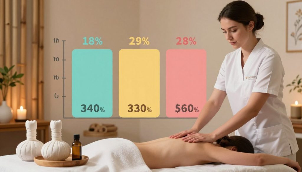 A professional massage therapist setting, showcasing a detailed infographic-style composition that illustrates massage pricing based on experience levels. In the foreground, elegantly arranged massage tools and oils on a table, symbolizing the art of massage therapy. In the middle ground, a stylized bar graph with distinct sections indicating various price points for beginner, intermediate, and expert therapists, decorated with calming colors. The background features a serene massage room with soft, warm lighting, bamboo decor, and soothing elements like candles and plants. The overall atmosphere conveys a sense of professionalism and tranquility, reinforcing the learning theme of the "Butik Masaj Akademi". No text or watermarks present.