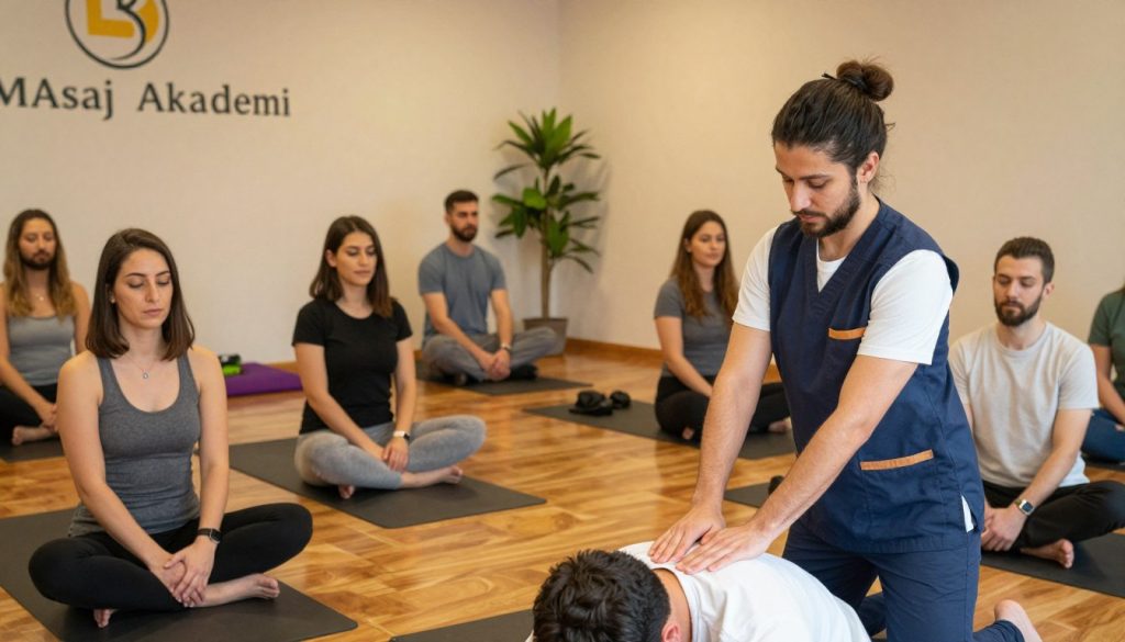A professional massage therapist trainer in Istanbul, showcasing their expertise in a serene training environment. In the foreground, a confident instructor, wearing smart casual attire, demonstrates a massage technique to a group of attentive students seated on mats. The middle ground features the students, focused and eager, practicing their skills. The background reveals a well-lit room adorned with calming colors and natural elements like plants, creating a peaceful atmosphere. Soft, warm lighting emphasizes the professionalism and dedication of the trainer. The scene is reminiscent of a high-quality training session at "Butik Masaj Akademi,” evoking a sense of professionalism and trust. Capture this engaging educational moment, emphasizing the importance of trainers in massage therapy education. A professional massage therapist trainer in Istanbul, showcasing their expertise in a serene training environment. In the foreground, a confident instructor, wearing smart casual attire, demonstrates a massage technique to a group of attentive students seated on mats. The middle ground features the students, focused and eager, practicing their skills. The background reveals a well-lit room adorned with calming colors and natural elements like plants, creating a peaceful atmosphere. Soft, warm lighting emphasizes the professionalism and dedication of the trainer. The scene is reminiscent of a high-quality training session at "Butik Masaj Akademi,” evoking a sense of professionalism and trust. Capture this engaging educational moment, emphasizing the importance of trainers in massage therapy education.