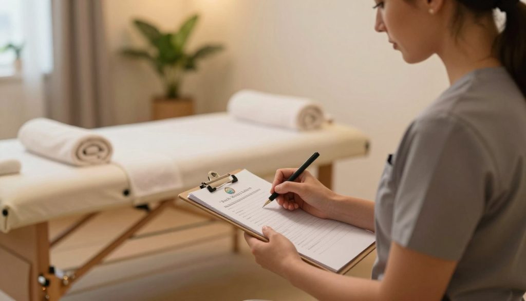 A professional massage therapist's appointment confirmation scene is depicted in the foreground, featuring a therapist in modest, professional attire, reviewing notes on their clipboard, conveying a sense of preparation and professionalism. In the middle, a calming massage room is visible, showcasing soft lighting and natural elements like plants and soothing colors, creating a tranquil atmosphere. The background includes a comfortable massage table with neatly arranged towels and oils, emphasizing a serene and organized space. The lighting is warm and inviting, accentuating the peaceful ambiance. The logo of "Butik Masaj Akademi" is subtly integrated into the scene, enhancing branding without detracting from the focus on appointment preparation. The overall mood is one of professionalism and serenity, reflecting the importance of thorough appointment confirmation in massage therapy.