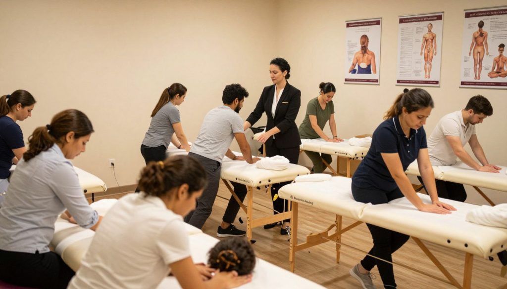 A professional massage therapy certification program training session in an inviting, well-lit classroom environment. In the foreground, a diverse group of trainees, dressed in professional business attire, are intently practicing massage techniques on training tables. In the middle ground, an instructor, wearing a neat outfit, offers guidance and demonstrates techniques, emphasizing a collaborative learning atmosphere. The background features educational posters about massage techniques and anatomy, enhancing the informative ambiance. The lighting is warm and natural, creating a welcoming and focused mood. The name "Butik Masaj Akademi" is subtly incorporated into the design of the classroom without any text on the image itself. A wide-angle perspective captures the entire scene, promoting the essence of professional training and application opportunities in massage therapy.