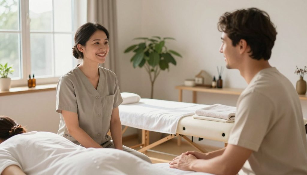 A professional massage therapy communication scenario set in a serene and calming environment. In the foreground, a massage therapist in smart casual attire is engaged in a positive conversation with a client, both displaying friendly expressions. The middle layer features a massage table, soft towels, and aromatherapy oils, enhancing the soothing atmosphere. In the background, large windows allow natural light to flood the room, casting gentle shadows. Soft greenery from a plant adds to the tranquil setting. The color palette includes soft earth tones and pastel shades, promoting relaxation. The mood is warm and inviting, emphasizing the importance of effective communication in therapy. Include the brand name "Butik Masaj Akademi" subtly integrated into the setting without any text or overlays.