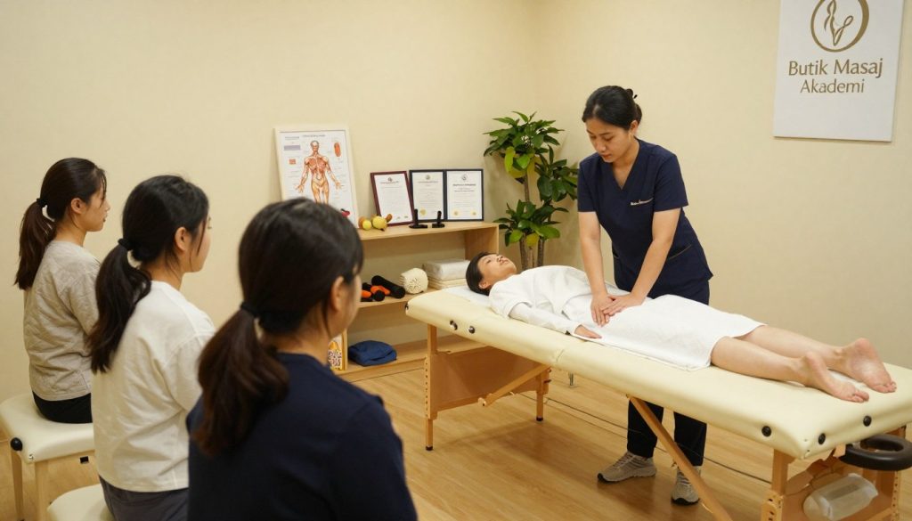 A professional massage training program setting showcasing a serene and well-organized classroom environment. In the foreground, a diverse group of students, wearing smart casual clothing, are attentively listening to an instructor demonstrating massage techniques on a massage table. The instructor, a confident woman in professional attire, showcases the proper hand positioning and body mechanics. In the middle ground, various massage tools and educational materials, such as anatomy charts and certification diplomas, are neatly arranged. The background features soft, warm lighting with plants and calming decor, creating a tranquil ambiance. The scene embodies a sense of learning and professionalism, representing "Butik Masaj Akademi" with a subtle presence of the logo on a wall chart. The overall mood is inviting and focused, promoting the essential training and certification for aspiring masseuses.